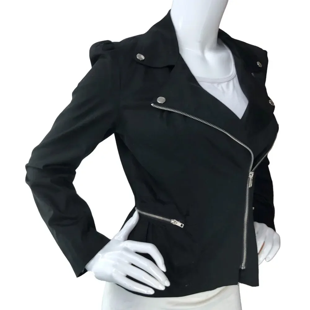 Sandro Womens Size S Biker Jacket Asymmetrical Cotton Zip Pockets Black